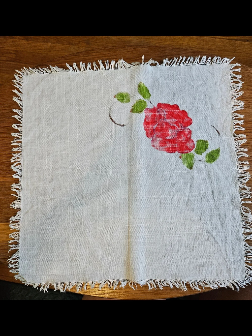 White Cloth Napkins with Red Rose Print - Set of 4